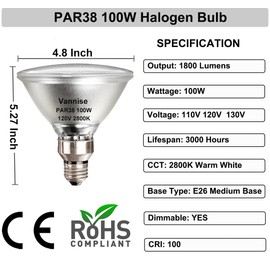 Vannise 4pcs High Output 1800LM PAR38 Flood Light Bulbs, 100W Dimmable Warm White 2800K, E26 Base, Long Lasting Halogen Outdoor Flood Lights