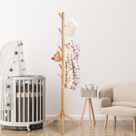 Cozivolife Kid's Coat Rack Stand Beech Wood Clothes Tree, Height Adjustable Freestanding Child Jacket Holder with 9 Hooks, Hanging Hats and Handbags, Hallway, Entryway,Bedroom, Easy Assembly (Natural)