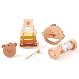 Wooden Teether Musical Instrument Toy Set of 4 Rattles, Wooden Toys, Montessori Musical Toys, Xylophone, Castanet, Tambourine, Rainbow Maker, Toddler, Educational Toy, Percussion Instrument, 1st Year,