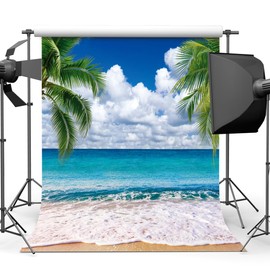 SJOLOON Summer sea Backdrop Tropical Beach Plants Photo Backdrop Hawaiian Ocean Blue Sky Background for Theme Party Supplies Studio Props 12692(10x10FT)