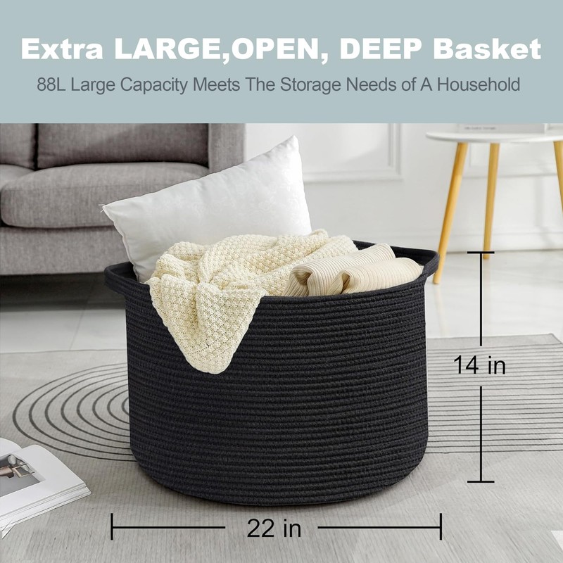 MEGASKET Large Black Blanket Basket, 22" X 22" X 14"