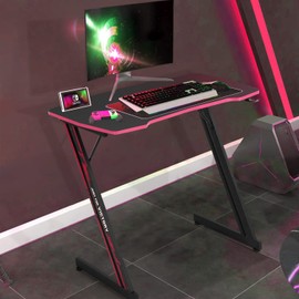 XXkseh 39 inch Gaming Computer Desk PC Gaming Desk Z Shaped Gaming Table with Headphone Hook, Easy to Assemble Home Office Desk for Teen/Student Gamer, Carbon Fiber Gaming Workstation, Black & Red…