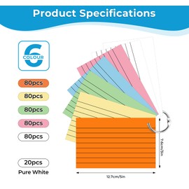NOTEZMATE Record Cards,500 PCS Ruled Index Cards,125 x 75mm Revision Cards On a Ring,6 Assorted Colours Cue Cards Kraft Paper Notecards Lined Flshcards for Study Office NotePads School Learning Memo