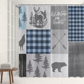 PZMPZM Cabin Shower Curtain Retro Rustic Lodge Bear Moose Deer Elk Wolf Forest Adventure Awaits Buffalo Plaid Country Hunting Style Home Bathroom Polyester Fabric Curtains with Hooks 70Wx70H inch