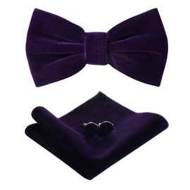 HOULIFE Bow Tie Set for Men – Adjustable Velvet Pre-tied Bowtie, Solid Colour Pocket Square, Cufflinks Set for Groom Wedding Party Formal with Gift Box, Purple