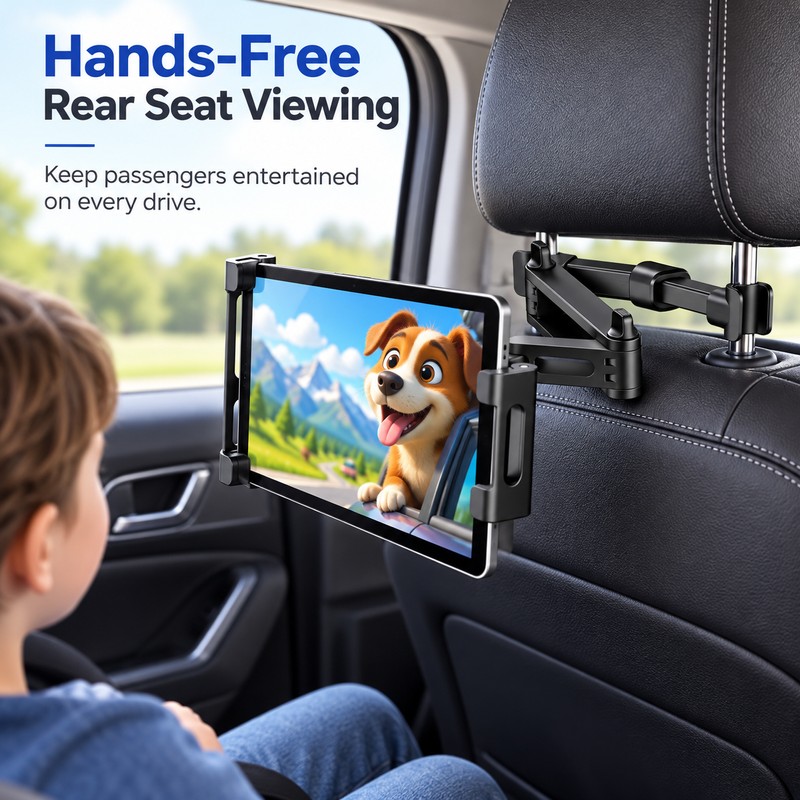 Car Headrest Tablet Holder Mount – Adjustable Back Seat Phone