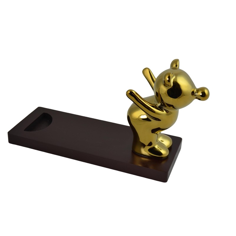 Wine Bodies 10" Polished Gold Bear on Wooden Base Bottle