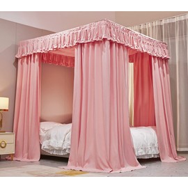 VETHIN Elastic Roof Style Four Corner Post Princess Bed Canopy Curtains Cozy Breathable Tent Canopy Mosquito Net for Girls & Adults Bedroom Decoration (Pink, 70-78" W*86" L*82"*H/(King))
