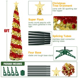 6FT Pop up Christmas Tree Collapsible Tinsel Christmas Tree Slim Shiny Sequins Xmas Tree with Topper Star, Artificial Easy-Assembly Reusable Xmas Tree for Holiday Indoor Home Party Decor(Red+Gold)