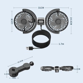 Car Fan for Backseat kids, Dual Head USB Car Seat Fans,Powerful 3 Speeds 360° Rotatable Dual Head Cooling Car Seat Fan for Sedan SUV RV Truck Vehicle
