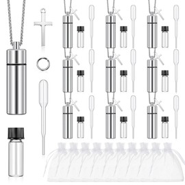 Tandefio 10 Sets Holy Water Bottle Necklace Bulk Anointing Oil Bottles Metal Water Container Keychain with Eyedropper Cross Pendant for Catholic Christian First Communion Church Baptism Party Favors