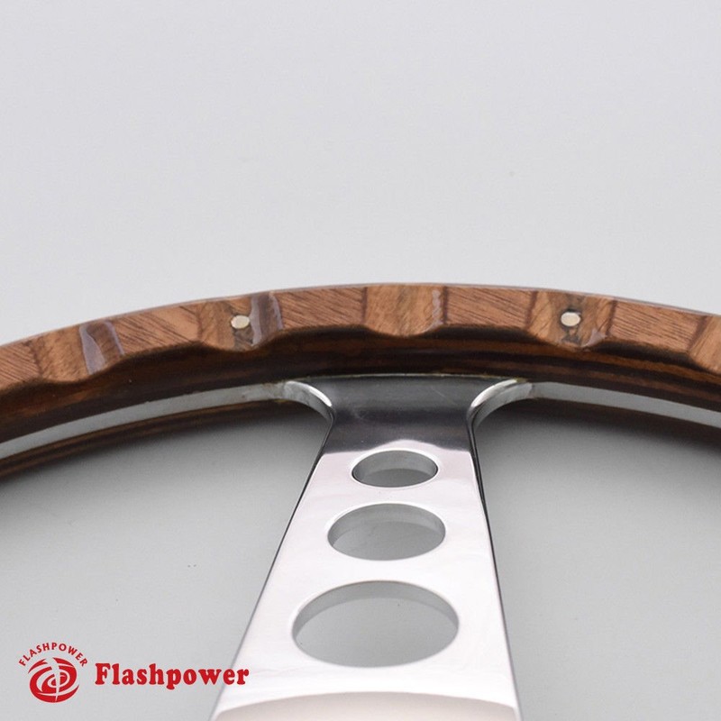 Flashpower 14'' Classic Riveted wooden steering wheel with Horn Button