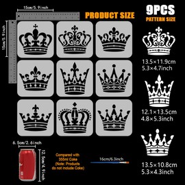FINGERINSPIRE 9Pcs Crown Painting Stencil with Brush 15x15cm Queens Princess Art Stencils Reusable King Crown Template Plastic Stencils for Painting on Wood Wall Floor Fabric Furniture DIY Crafts