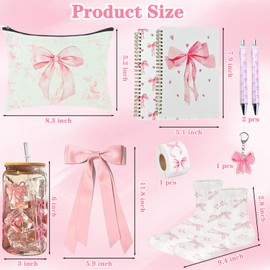 8 Pcs Coquette Pink Bow Stuff Gift Set with Bow Cup, Preppy Makeup Bag, Bow Notebook, Keychain Accessories Bow Themed Presents for Girls Women