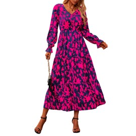 NOLLSOM Women's 2024 Fall Dresses Boho Maxi Dress Casual Long Sleeve V Neck Floral Dresses Wedding Guest Dress(Navy Rose Red Flower,Large)