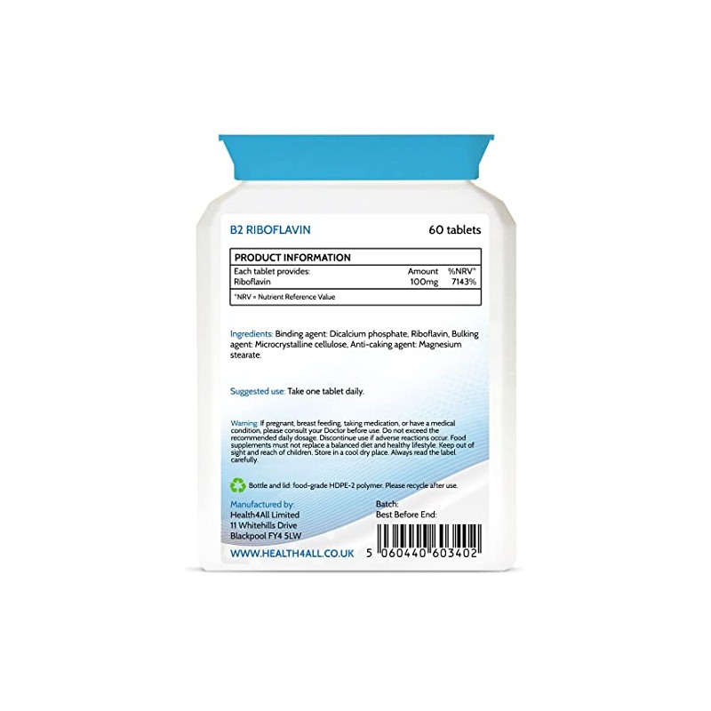 Vitamin B2 Riboflavin 100mg 60 Tablets . Migraine Support, Stress