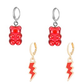 2 Pcs/Set Colorful Flash Lightning Bolt Candy Bear Hoop Huggie Earrings for Women Gummy Resin Panda Bear Earring Sets Jewelry (Red)