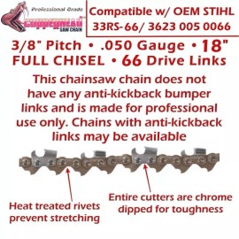 For STIHL COPPERHEAD 2-Pk 18" FULL CHISEL PRO Chains for STIHL MS362C-M 3/8, .050, 33RS-66