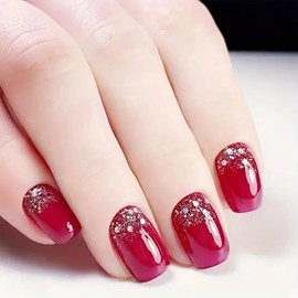 Red Glitter Square False Nails - 24pcs Full Cover Press-on with French Tips and Glue - DIY Nail Art Gift for Women and Girls
