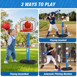 HYES 2 in 1 Kids Basketball Hoop and T Ball Set - Adjustable Height, Kids Baseball Tee with Automatic Pitching Machine, Indoor Outdoor Sport Toys Gifts for Toddler Boys Girls Age 1-5, Blue