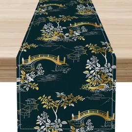 Chinese Landscape Table Runner, Traditional Vintage Asian Oriental Line Art Bridge Plants Leaves Nature Print Table Runner for Home Party Kitchen Dining Table Wedding Party Decor 13"x90"