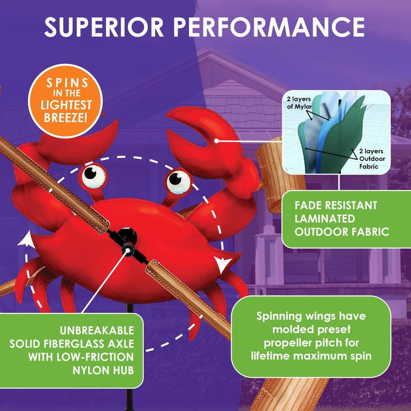 Whirligig Spinner Crab 12" – Coastal-Themed Design, Weather-Resistant Outdoor Decor,