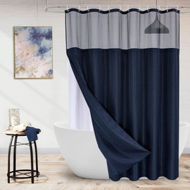 MitoVilla Waffle Shower Curtain Set with Snap-in Liner, Modern Navy Blue Waffle Weave Fabric Shower Curtain for Luxury Neutral Hotel & Spa Bathroom Decor, 72 x 72