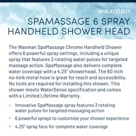 Aqua Vista 4.5-in. Polished Handheld Shower Head with 6 Spray Settings 8264211, Hand Held Shower Head with Long Hose Works as Spa Shower Head and Massage Shower Head, High Pressure Shower Head