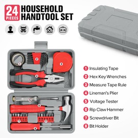 24 Piece Small Tool Kit for Men and Women, Mini Hand Tool Set with Storage Box for Home, DIY, Office, Garage(Red)
