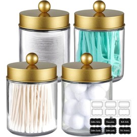 4 Pack Apothecary Jars Bathroom Vanity Storage Organizer Set -Countertop Canister with Stainless Steel Lids &Cute Stickers - Qtip Dispenser Holder for Qtips,Cotton Swabs,Makeup Sponges(Black) - Color: Gold