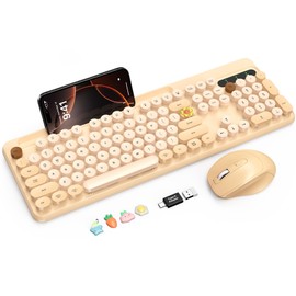 Wireless Keyboard and Mouse Combo, Retro Round Keycaps, Full-Size Stylish Typewriter Keyboard with Phone/Tablet Holder, Ergonomic Mouse with 3-Level DPI, 2.4GHz Connection for Windows/PC (Milk-Tea)