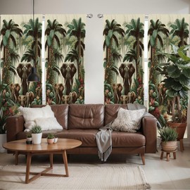 Ambesonne Elephant Window Curtains Pack of 2, Wild Nature Theme Leafy Exotic Jungle with Palms Trunk Animals Ivory, Lightweight Set with Rod Pocket, 4 Panels of - 28" x 95", Jade Green Caramel Ruby