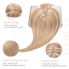Elailite Hair Topper for Women, Topper Extensions with Fringe, 150% Thick Hairpieces, Clip in 7 x 13 cm, Soft Base, 40 cm (40 cm): 48 g, #12P613 Golden Brown and Bleached Blonde