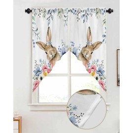 BEMIGO Valance Curtains, Easter Blue Bunny, Rod Pocket, 2pcs-28x36in, Kitchen Bedroom Decor, Thermal Insulated, Washable, Curtain for Windows, 2 Panel
