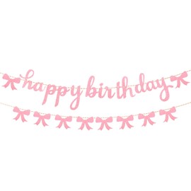 Pink Bow Happy Birthday Banner Garland, Pre-Strung Glitter Bow Themed Birthday Banner for Girls Women Baby Shower Bridal Bachelorette Party Coquette Decoration Supplies