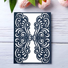 YHOTA 20 Pcs Laser Cut Wedding Invitations Card Pocket with Envelope for Birthday Party Baby or Bride Shower Invite Fit for 5 * 7 Inches Insert Sheet (Dark Blue, 20 pcs)