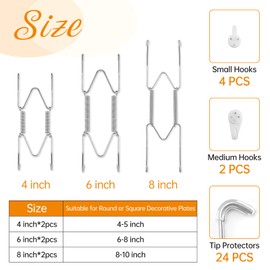 Bilillo 6 Pcs Plate Hangers for the Wall, 4/6/8 Inch Invisible Decorative Wire Plate Holders, Plate Hangers for Display Various Sizes with Wall Hooks for Decorative Plates and ArtsSilver