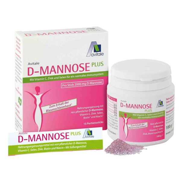 Avitale D-Mannose Plus 59720 2000 mg Economy Set with 15 Sticks and 100 g Powder, with Niacin and Biotin to Promote the Bladder Mucosa, Pack of 55