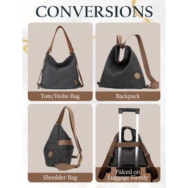 Ausing Large Tote Bag for Women Convertible Backpack Purse with Zipper Pockets 4-in-1 Canvas Shoulder Hobo Bag Lightweight Spacious Tote Bag Black
