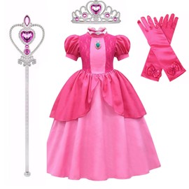 Peach Princess Dress, Peach Princess Dress,Viene con corona, guantes y varita. apto para niñas de 3 a 12 años para disfrazarse en fiestas de cumpleaños, Halloween, Navidad, fiestas cosplay (140-150cm)