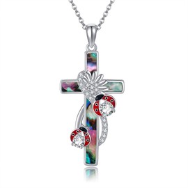 DAYLINLOVE Ladybird Necklace 925 Sterling Silver Cross Abalone Shell Pendant Necklace Ladybird Jewellery Anniversary Gift for Women Girls Women Mother Ladybird Lovers, Sterling Silver, No Gemstone