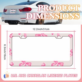 Pink Bow License Plate Frames - 2 Pack Cute Pink License Plate Holder, Stainless Steel Rust-Proof Waterproof Car Decorative Tag Frame with Screws Fasteners Caps