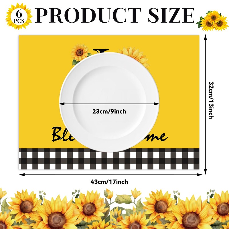 Sunflower Placemats Set of 6 Summer Table Mats Washable Square