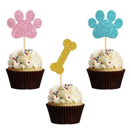 Dog Paw Print Cupcake Toppers/Dog Puppy Birthday Cupcake Toppers/Baby Shower/Children Birthday Sign Pet Puppy Party Cupcake Decor Glitter 24 Pcs