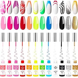 Gel Liner Nail Polish Pen 12 Farben Gel Nagellack Set Nageldesign Set Farbgel für Gelnägel Eingebauter Dünner Nail Art Pinsel UV Gel Nail Art Polish Starterset Malerei Gelpolitur Set For Drawing Lines