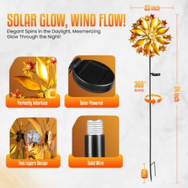 Solar Wind Spinner with Solar Powered Glass Ball - Weather Resistant Metal Sun Wind Sculptures Yard Decoration with Unique Finishes & Special Effects for Lawn, Garden & Patio