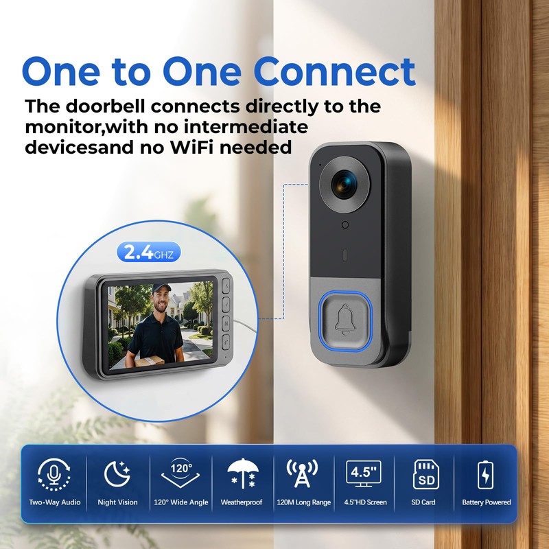 Video Doorbell Camera Wireless No Subscription No WiFi &APP ,