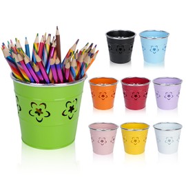 Wesketch 9 Pack Metal Pen Holders, Colorful Desktop Pencil Cups with Flower Pattern, Mini Pencil Bucket, Makeup Brush Storage Organizers, Crayon Organizer for Classroom Office Home