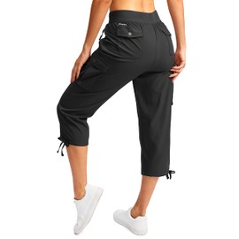 Soothfeel Women's Cargo Capris Pants with 6 Pockets Lightweight Quick Dry Travel Hiking Summer Pants for Women Casual (Black, L)