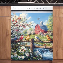 Farm Spring Scenery Magnet Dishwasher Full Door Cover, Spring Colorful Birds Magnet Refrigerator Cover Skins Panel, Farm Red Barn Home Appliance Cupboard Sticker Magnetic 23" x 26"